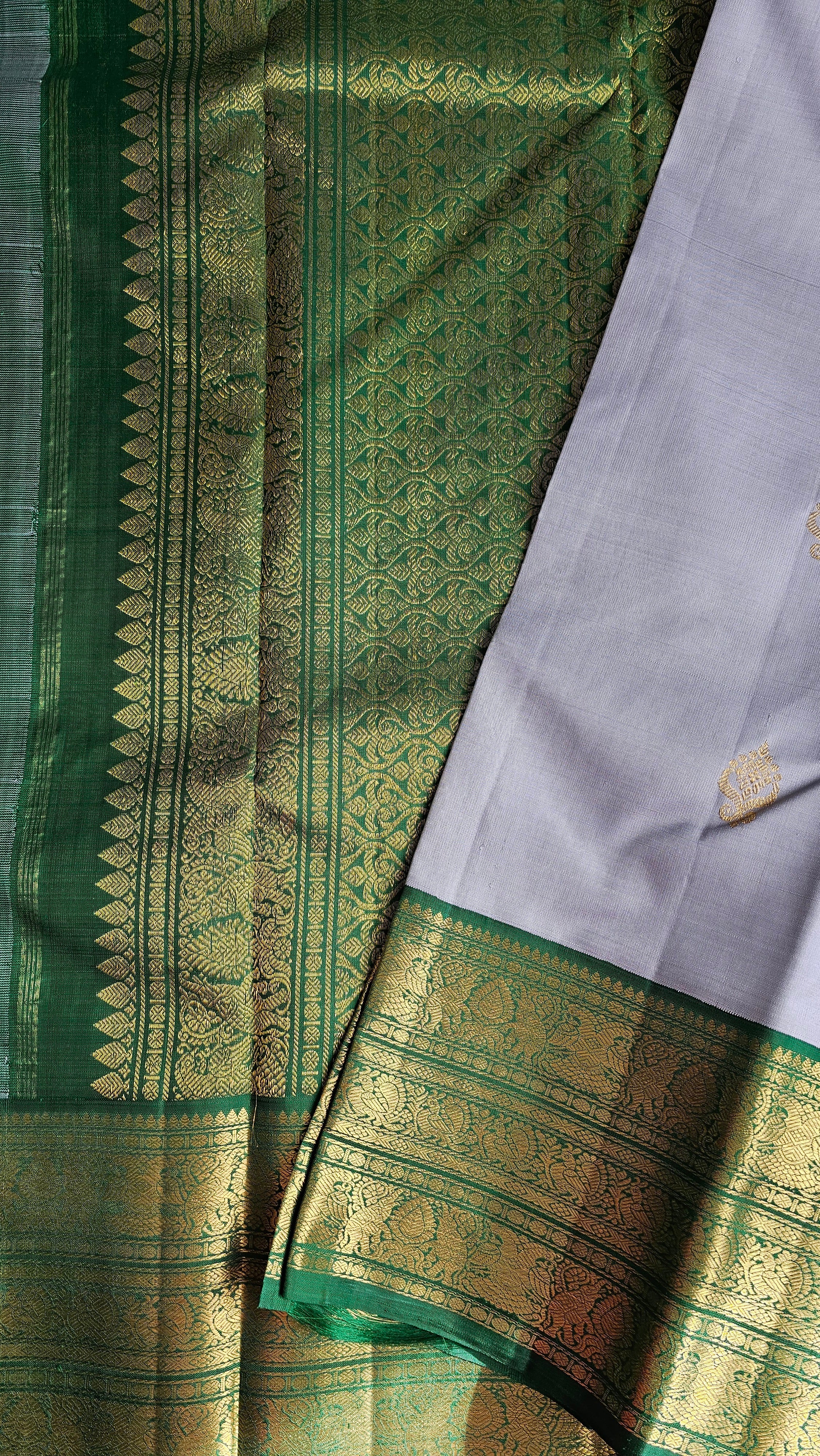 Silver Blue Korvai with forest green border & blouse