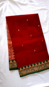 Dark red with green border Kanchi Cotton