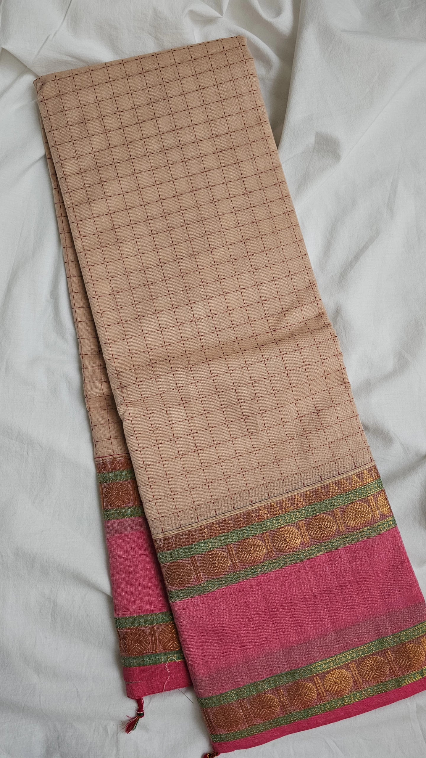 Cream with pink border Kanchi Cotton