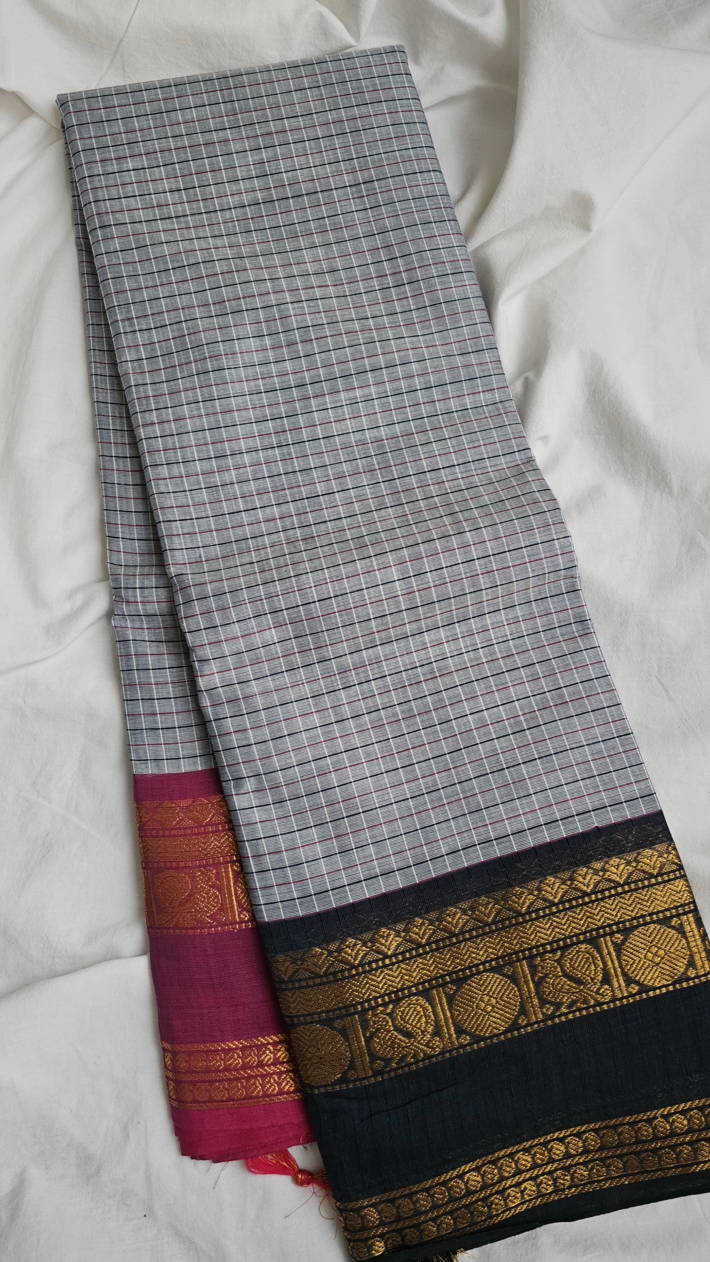 Grey checkered ganga jamuna border Kanchi Cotton
