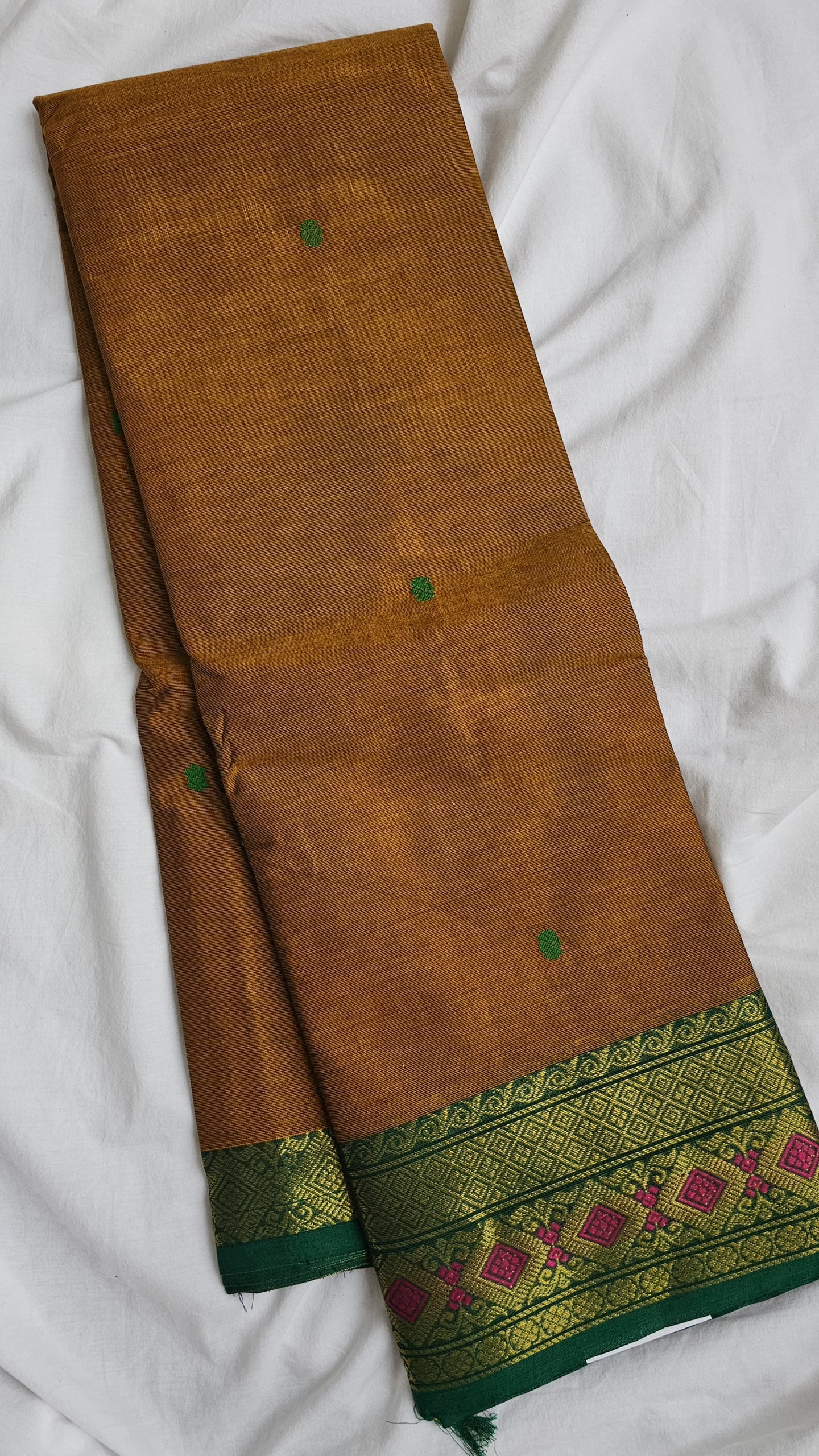 Brown copper with Green border Kanchi Cotton