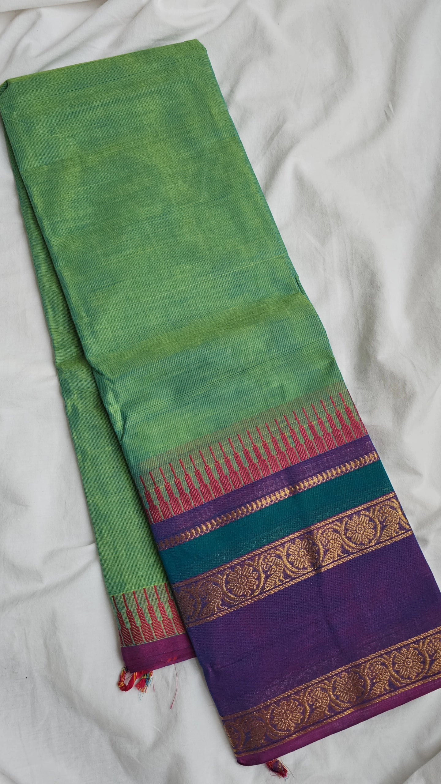 Green with purple border Kanchi Cotton