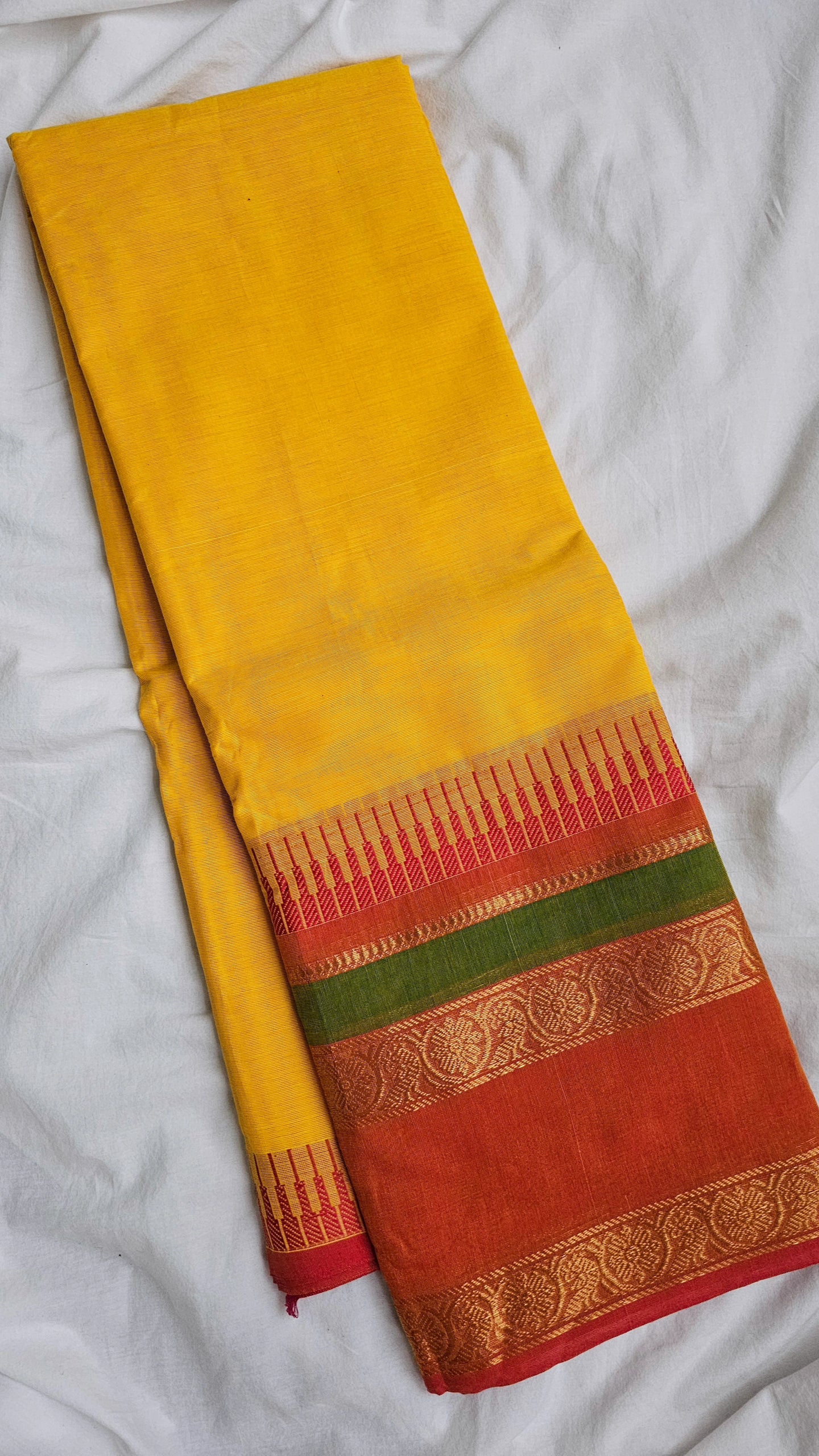 Yellow with pink border Kanchi Cotton