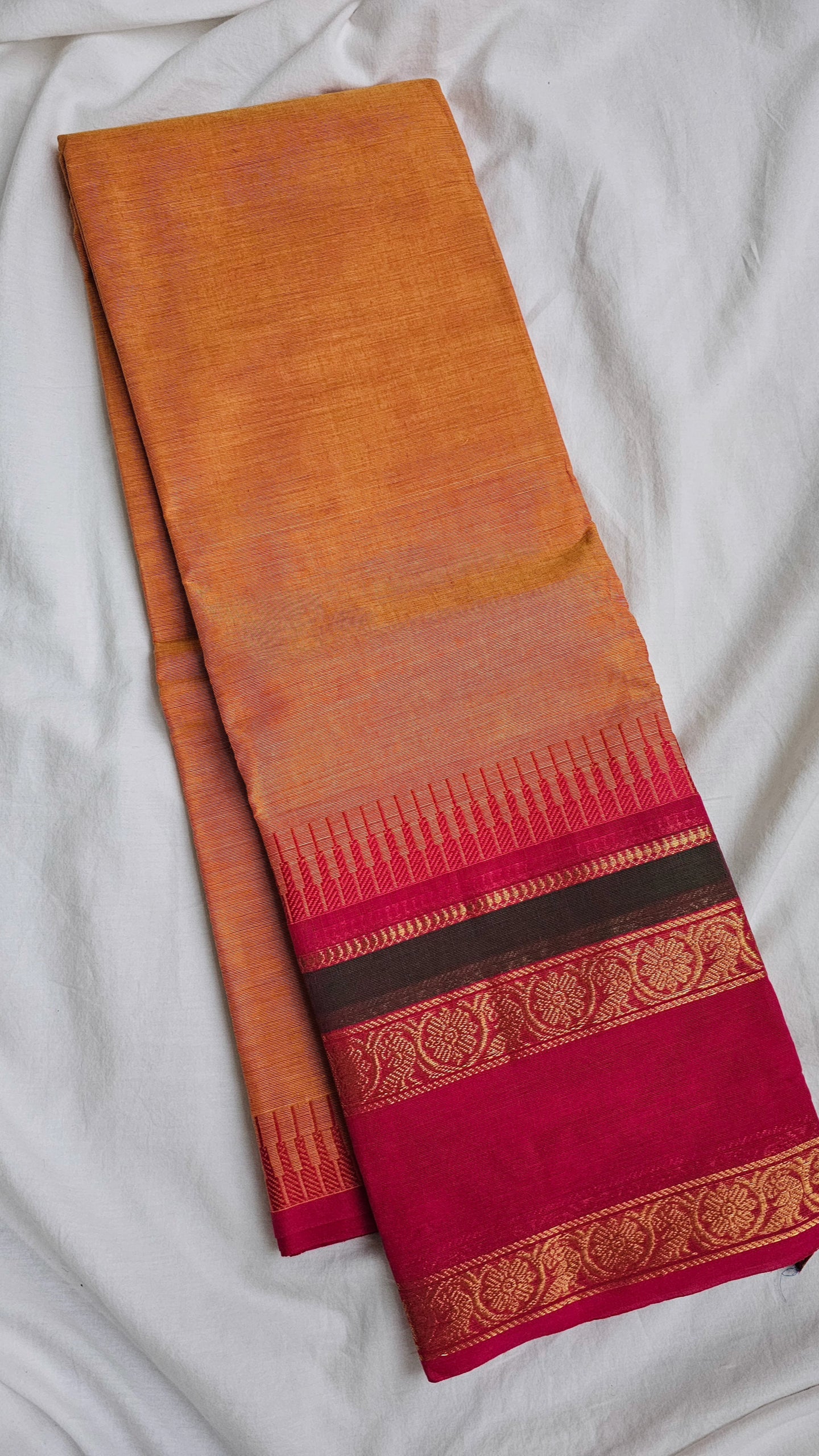Peach with pink border Kanchi Cotton