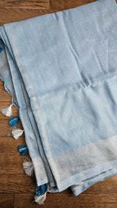 Pastel Blue linen saree with silver border