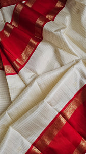 Traditional Ivory checkered Kanchipuram with Red Rettai Pettu border