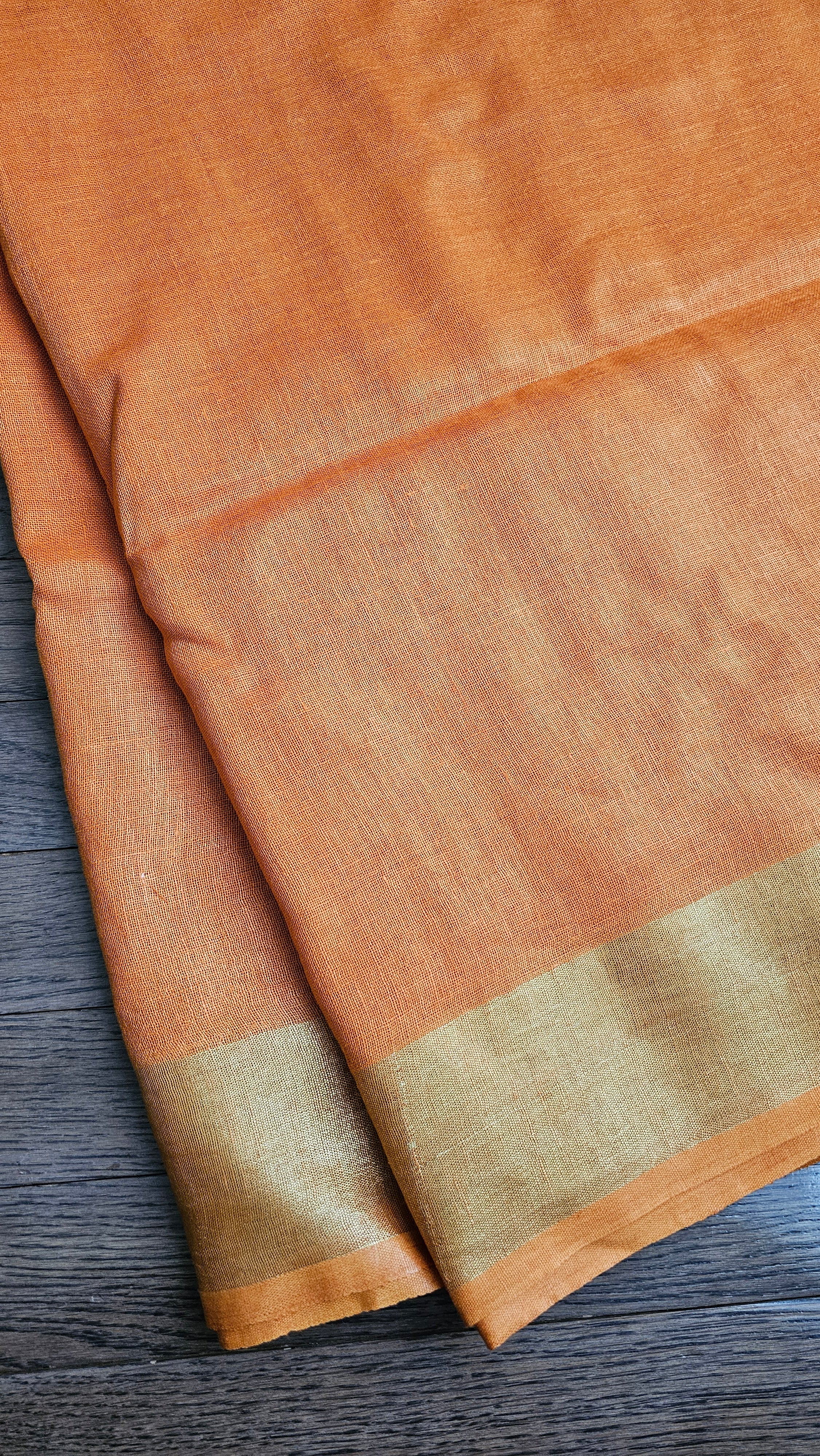 Tangerine Linen Saree with gold border